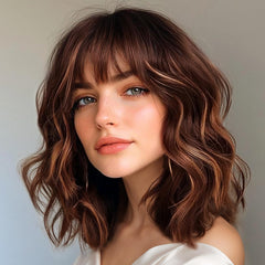 Aokiya Bob Wavy Wig front view with bangs for quick everyday styling.
