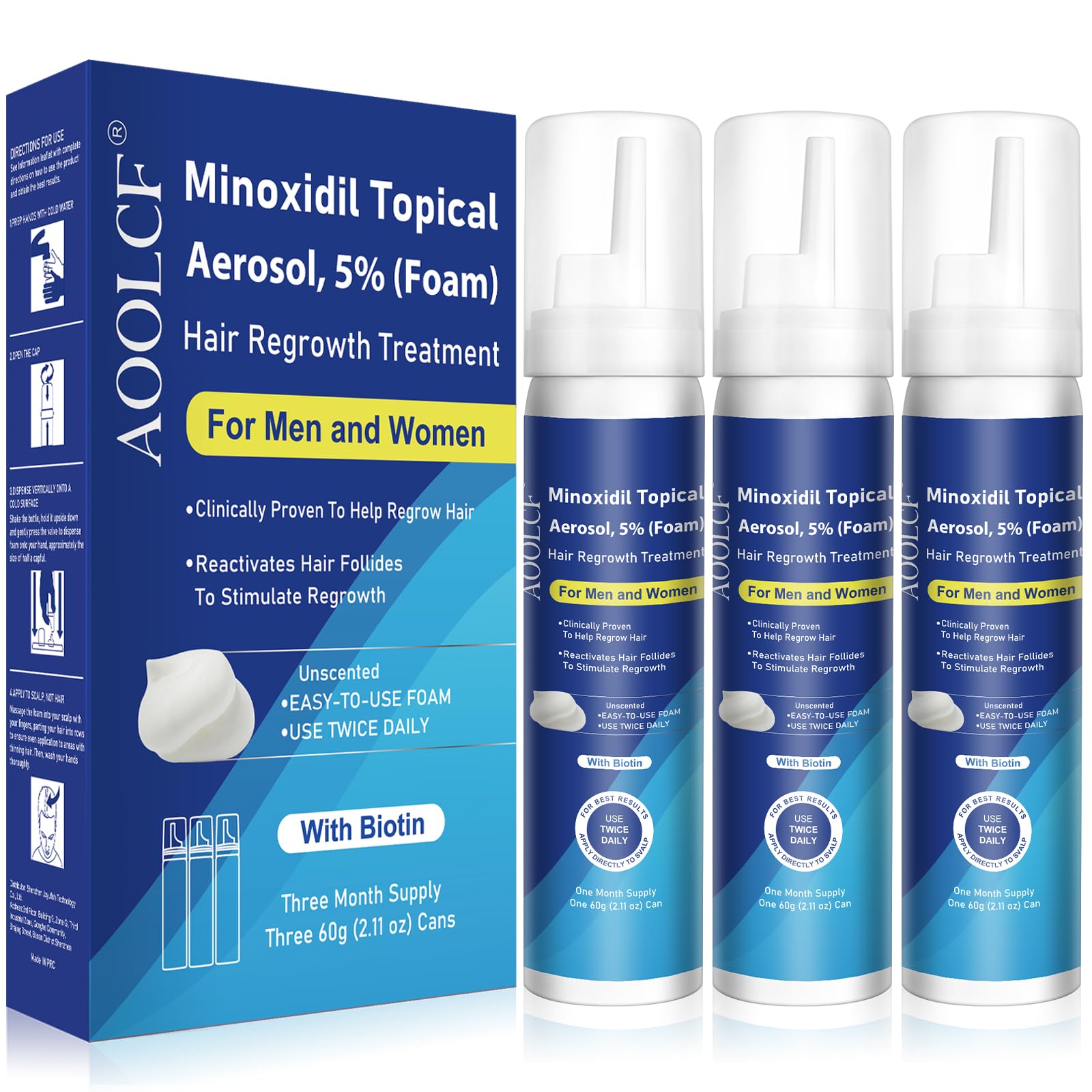 AOOLCF Minoxidil Foam al 5% en botella para uso diario en el cuero cabelludo