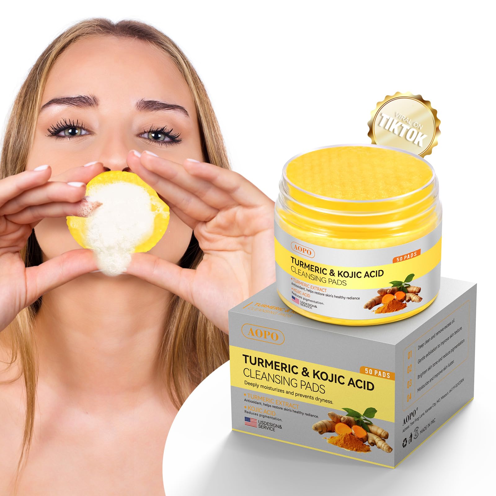 AOPO Kojic Acid and Turmeric Cleansing Pads face close-up, gentle exfoliation for smooth skin.