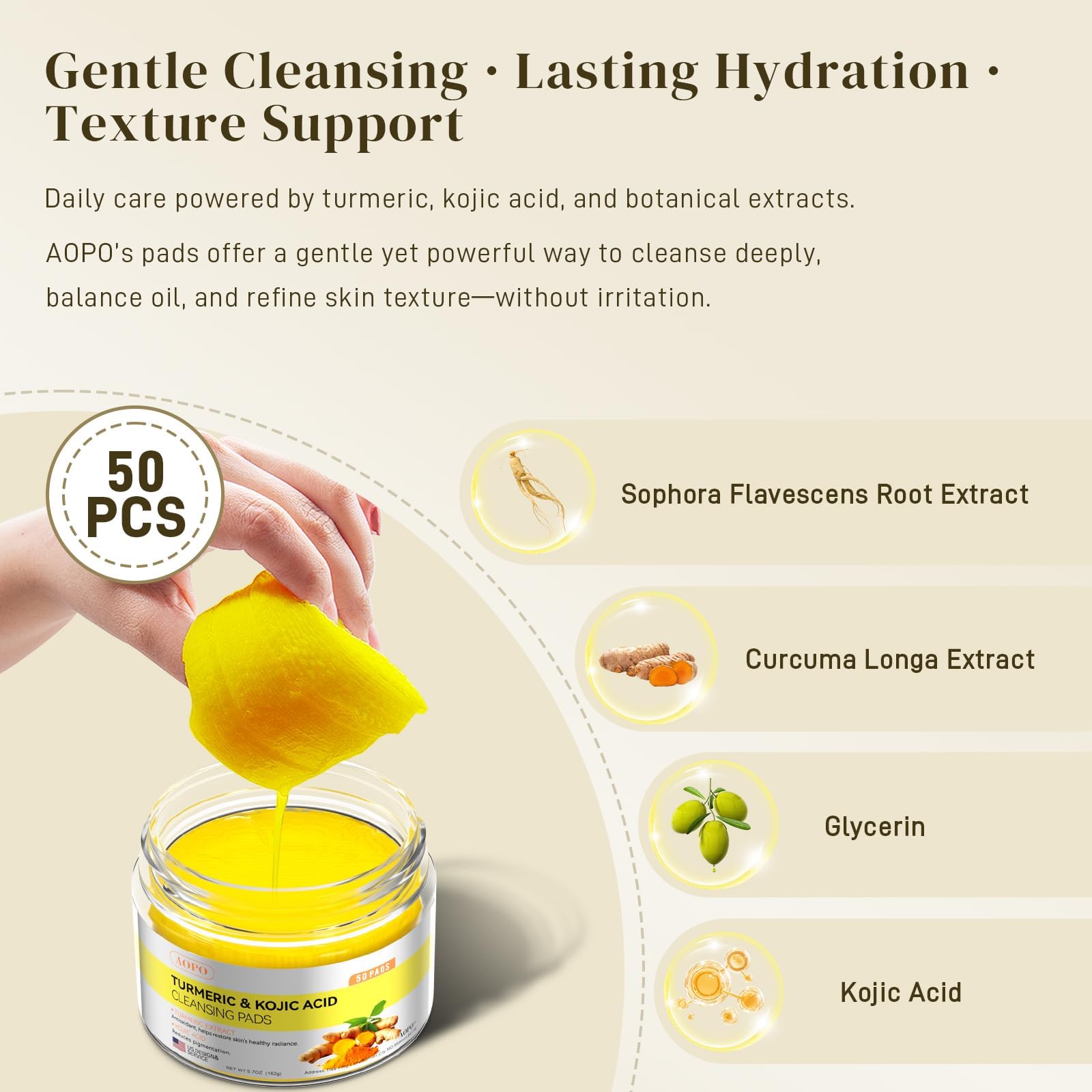 AOPO Kojic Acid and Turmeric Cleansing Pads texture close-up showing gentle exfoliation action.