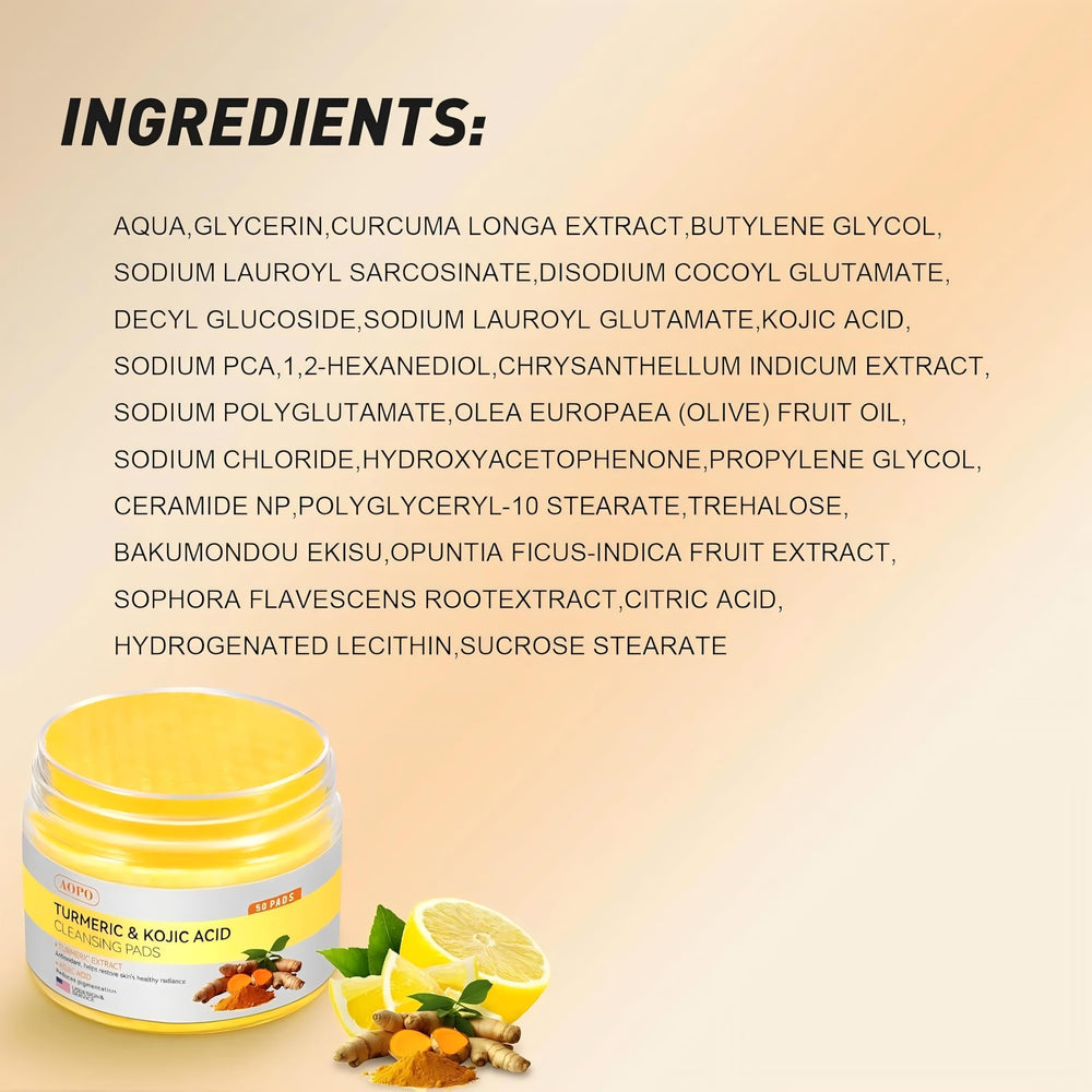 AOPO Kojic Acid and Turmeric Cleansing Pads usage steps visual, simple daily routine.