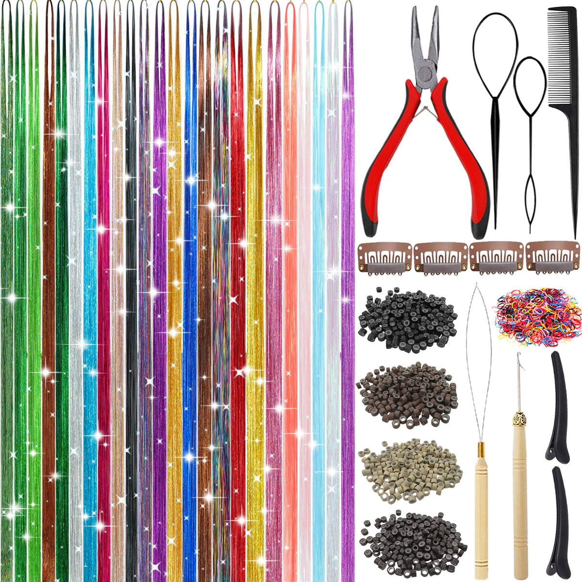Aouuhe Hair Tinsel kit with 24 colors adds shimmering color to everyday hairstyles.