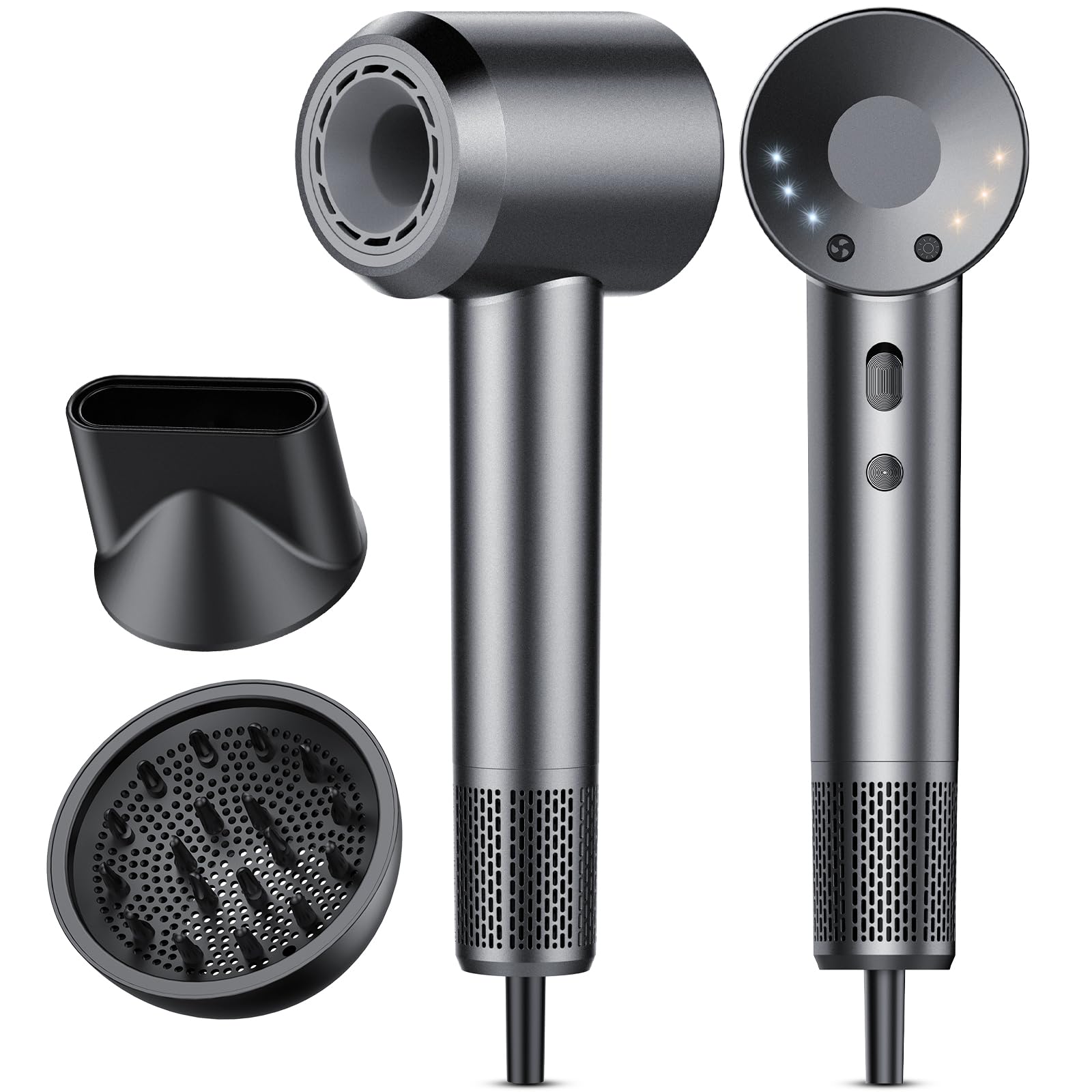 Aowoka hair dryer front view in grey, compact design ideal for quick drying.