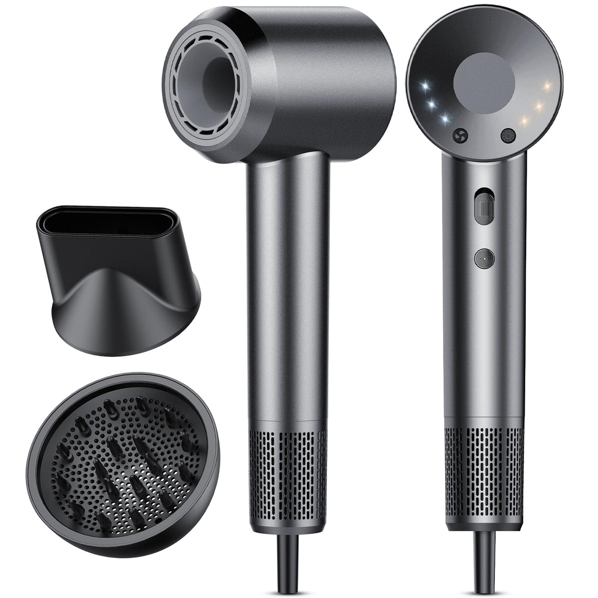 Aowoka hair dryer front view in grey, compact design ideal for quick drying.