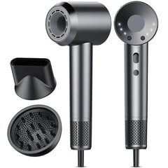 Aowoka hair dryer front view in grey, compact design ideal for quick drying.