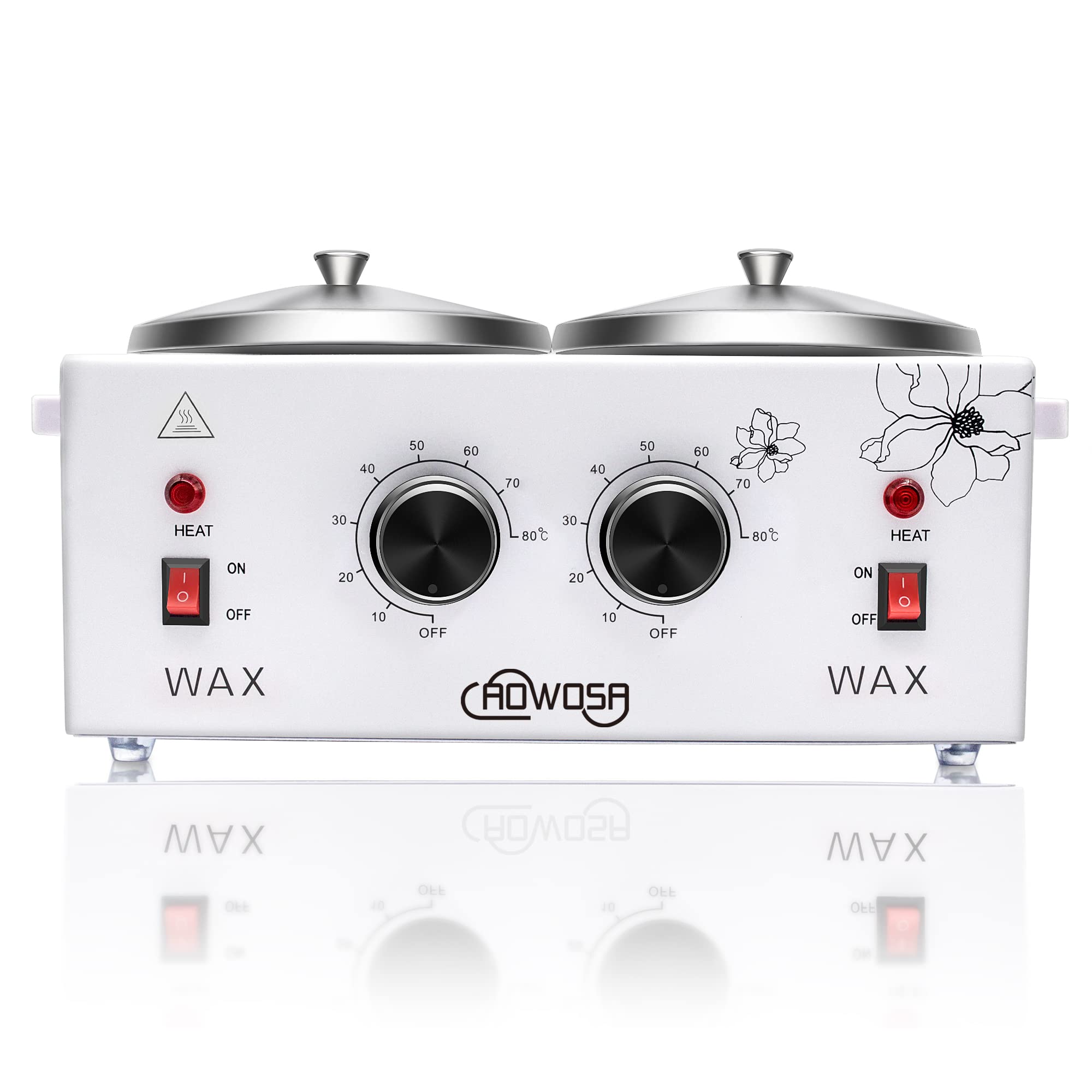 AOWOSA double wax warmer front view showing dual pots for efficient salon waxing.