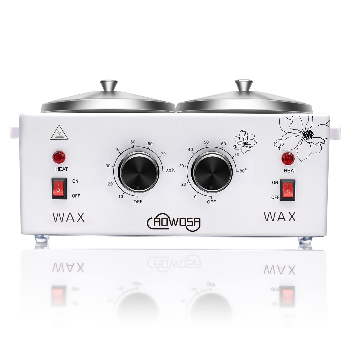 AOWOSA double wax warmer front view showing dual pots for efficient salon waxing.