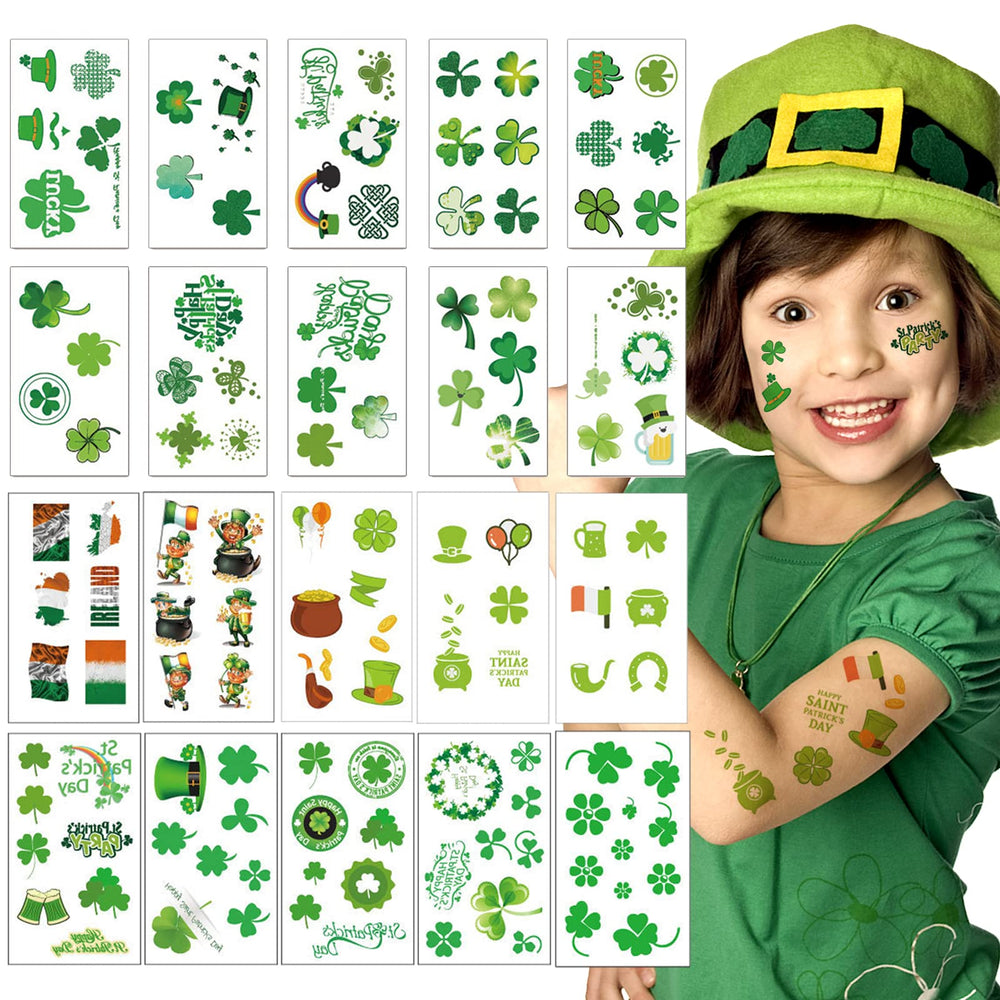 AOYOO St Patrick's Day tattoos, 20 sheets shown, ideal for festive party decor.