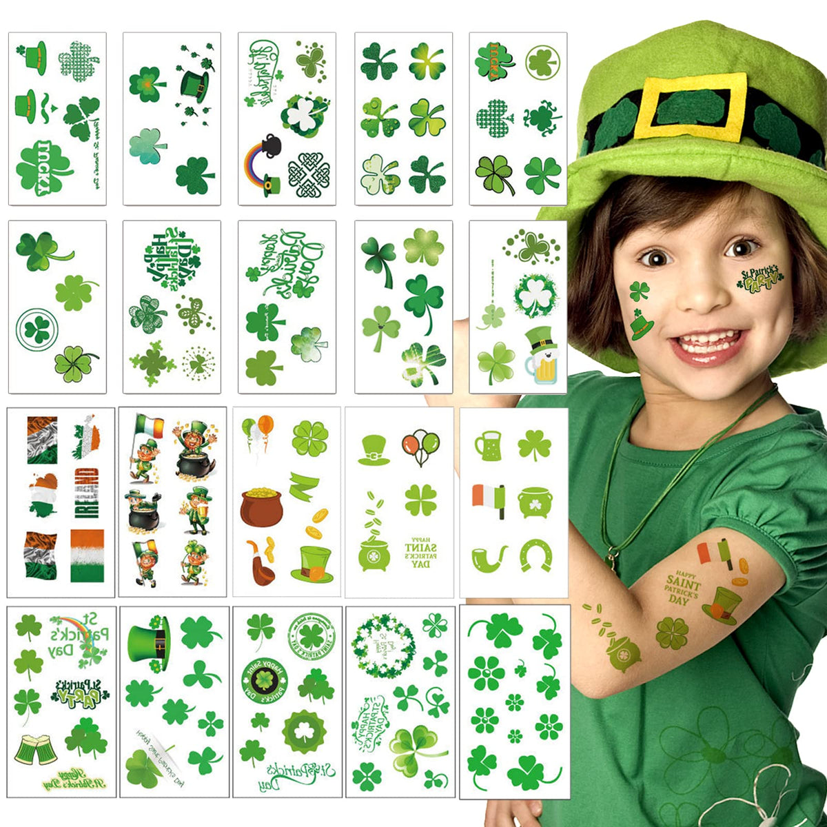 AOYOO St Patrick's Day tattoos, 20 sheets shown, ideal for festive party decor.