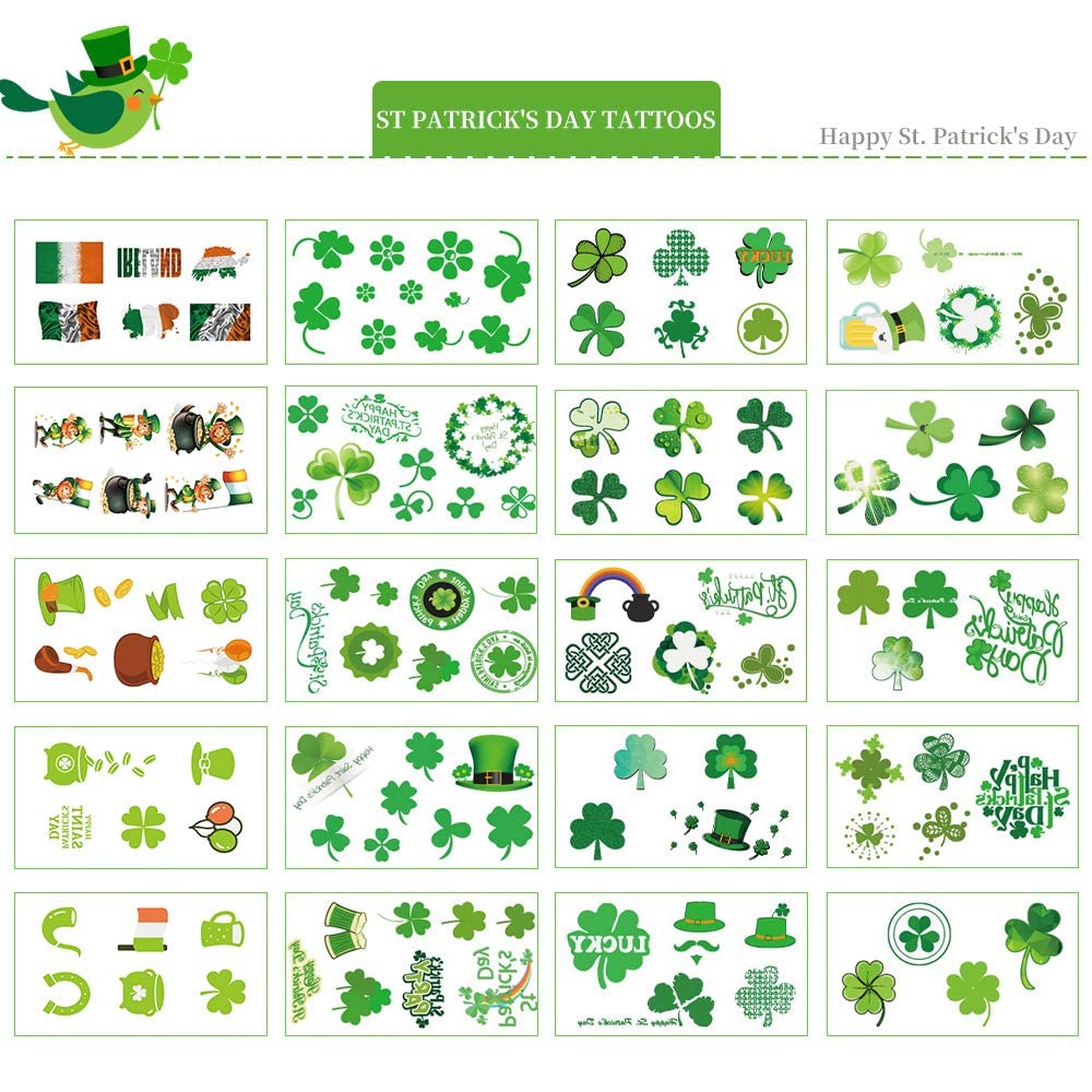 AOYOO St Patrick's Day tattoos, easy removal with oils or removal papers.