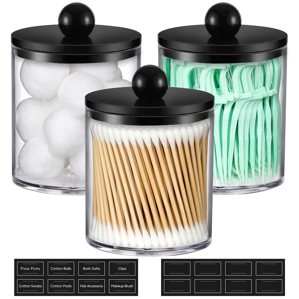 AOZITA 3-pack acrylic qtip holders with clear lids for organized vanity storage.