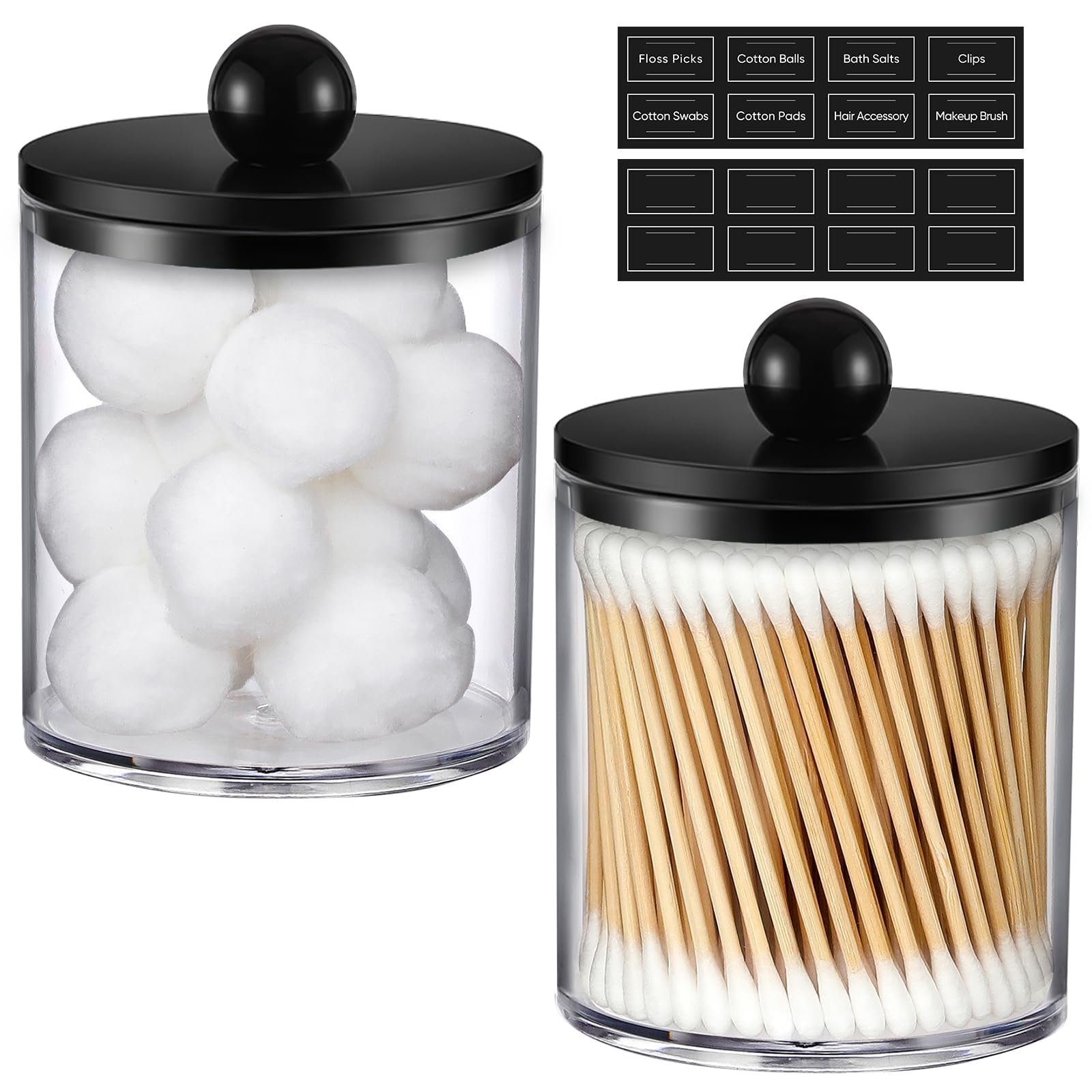 AOZITA qtip dispenser in clear acrylic with a black lid for vanity organization.