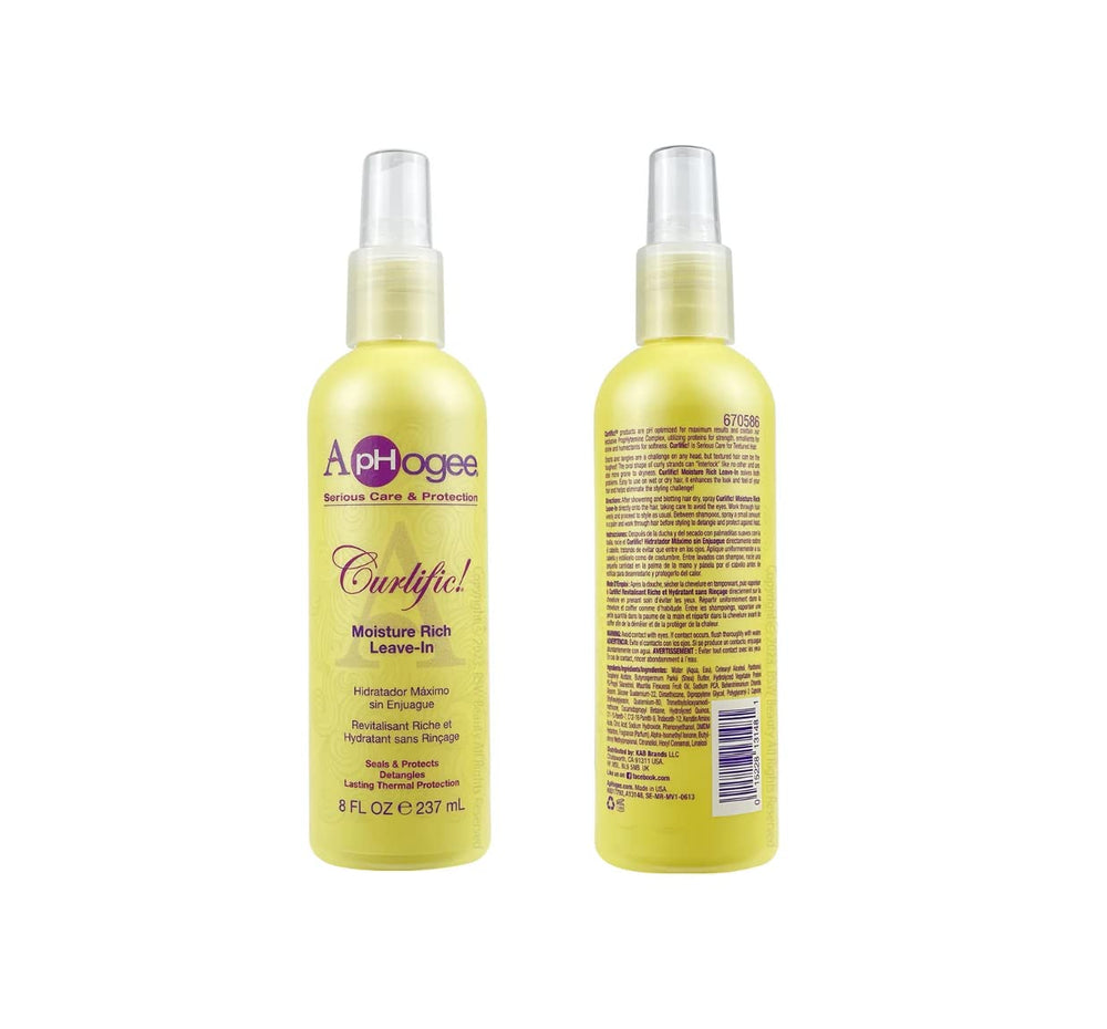 Aphogee Curlific Leave-In spray dispensed into the palm for easy application.