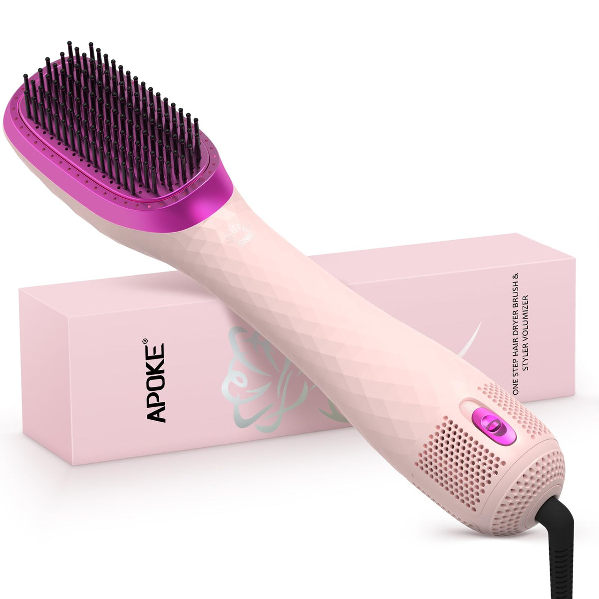 APOKE 3 in 1 hair dryer brush pink full view shows quick one-step styling capability