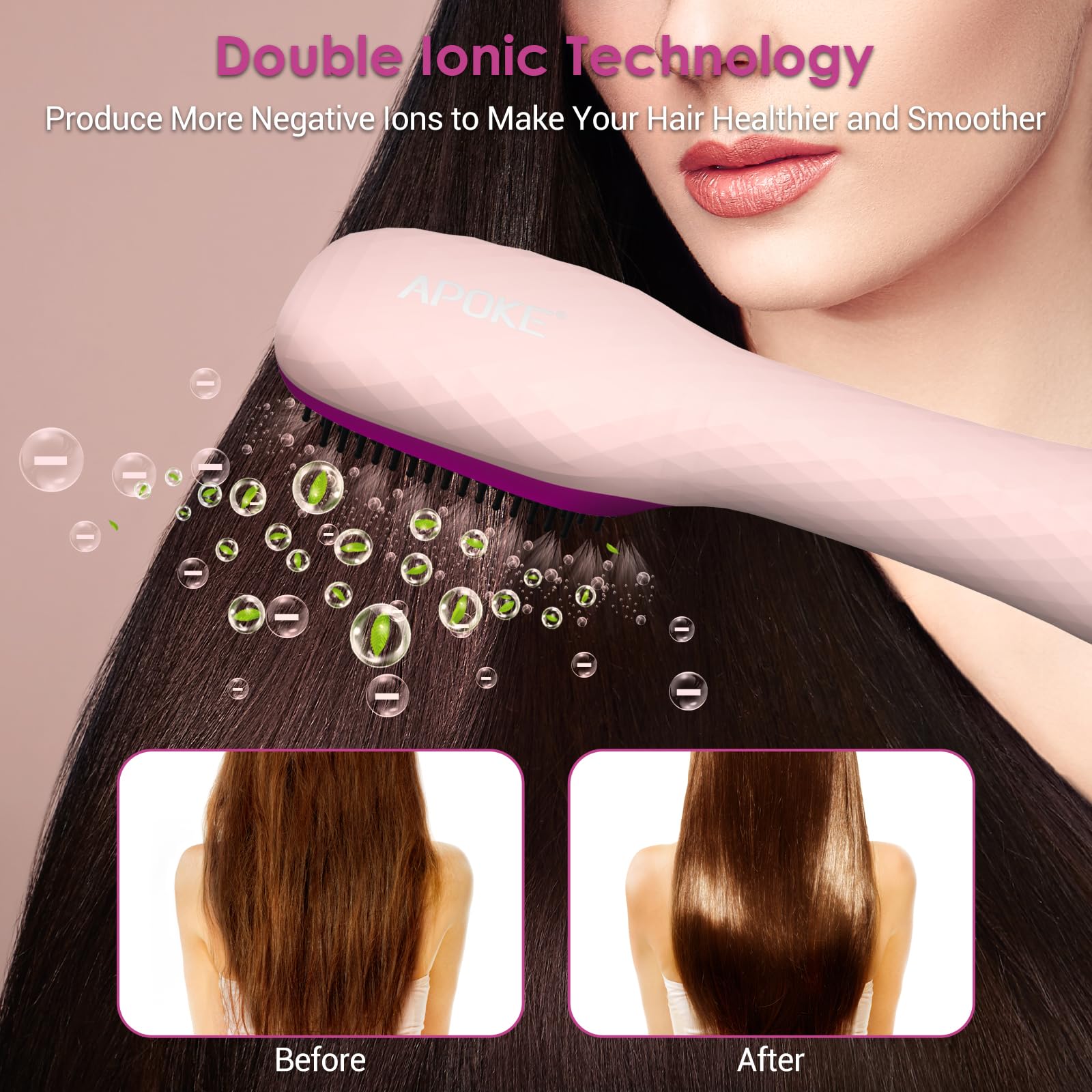 APOKE negative ion technology image promoting shine and frizz reduction