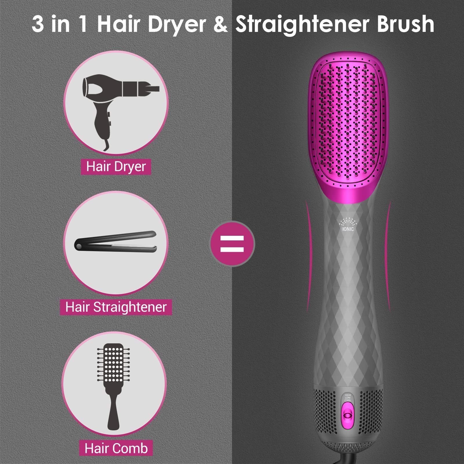 APOKE 3 in 1 hair dryer brush gray demonstrates 360-degree swivel cord for flexible styling