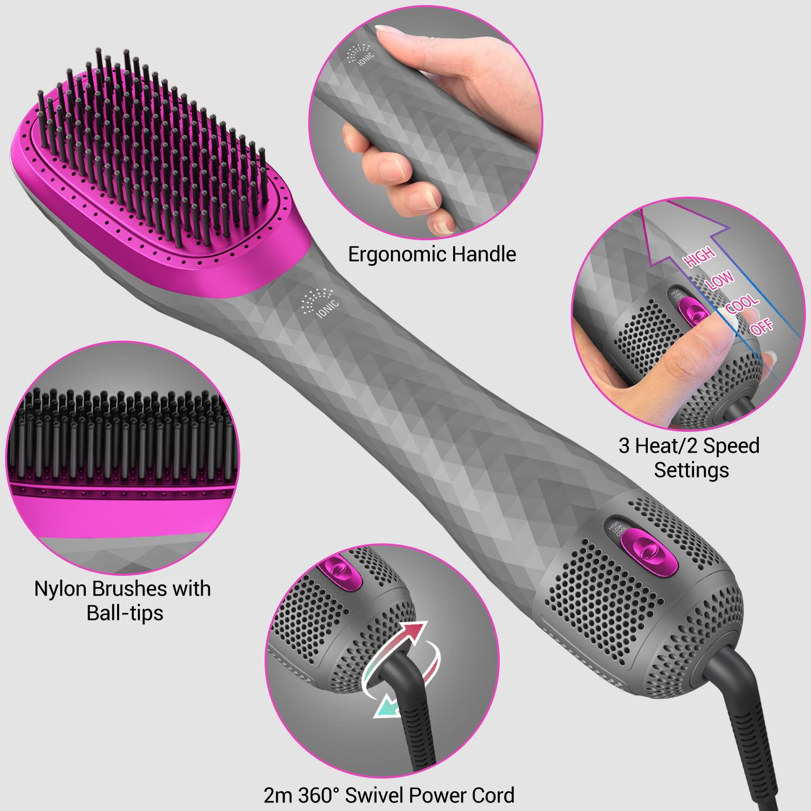 APOKE 3 in 1 hair dryer brush gray with negative ion technology reduces frizz