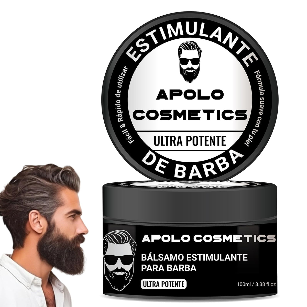 Apolo Cosmetics beard-stimulating balm bottle for fuller-looking beard