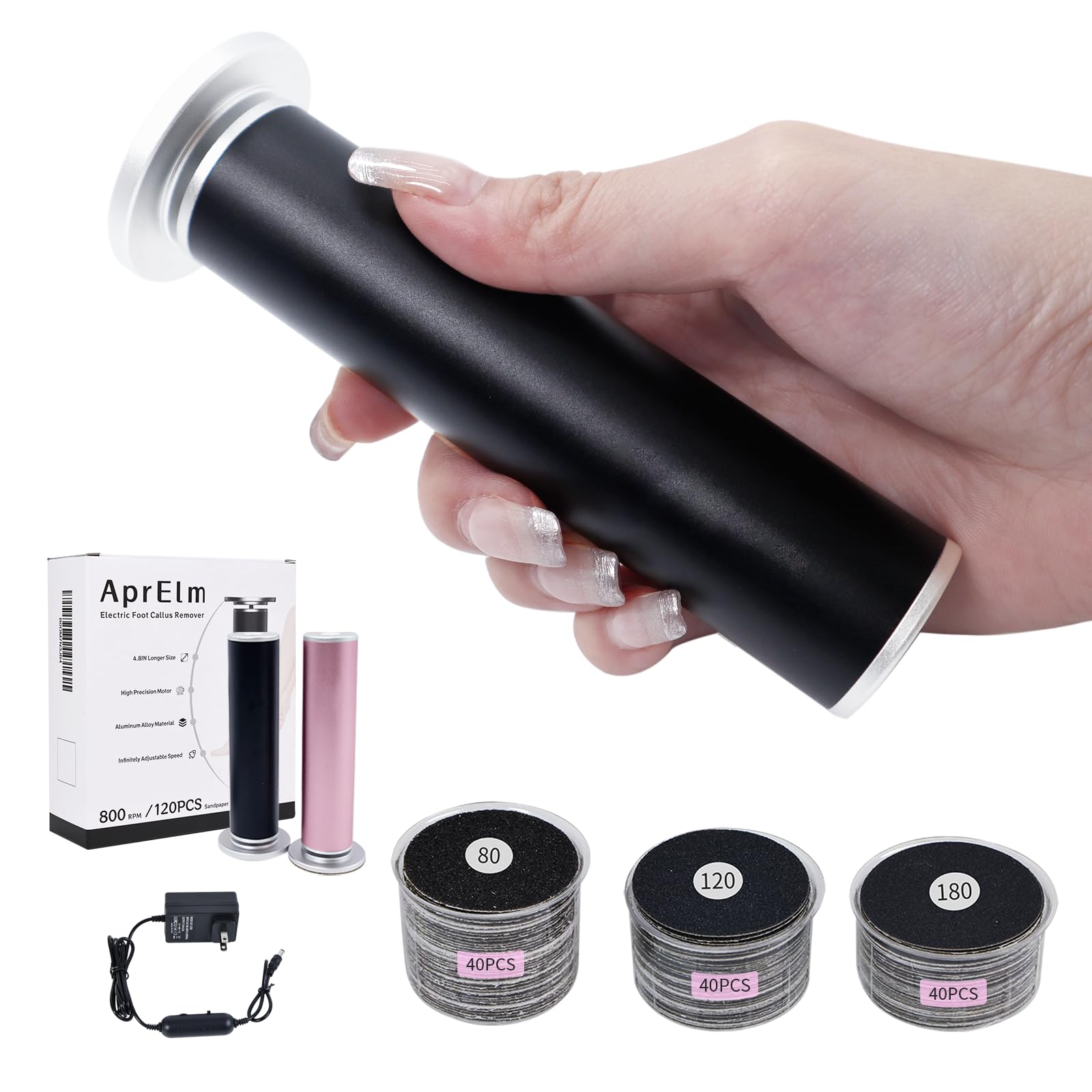 APRELM foot-callus-remover aluminum-body highlights durable housing for long-lasting pedicures.