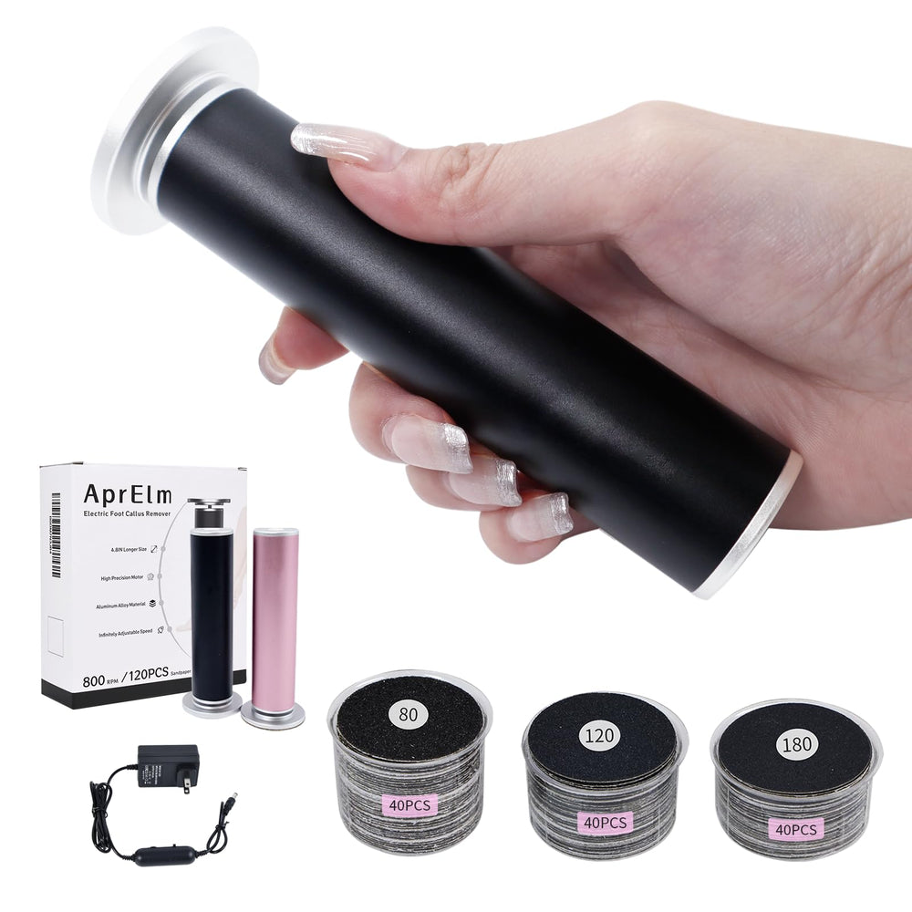 APRELM foot-callus-remover aluminum-body highlights durable housing for long-lasting pedicures.