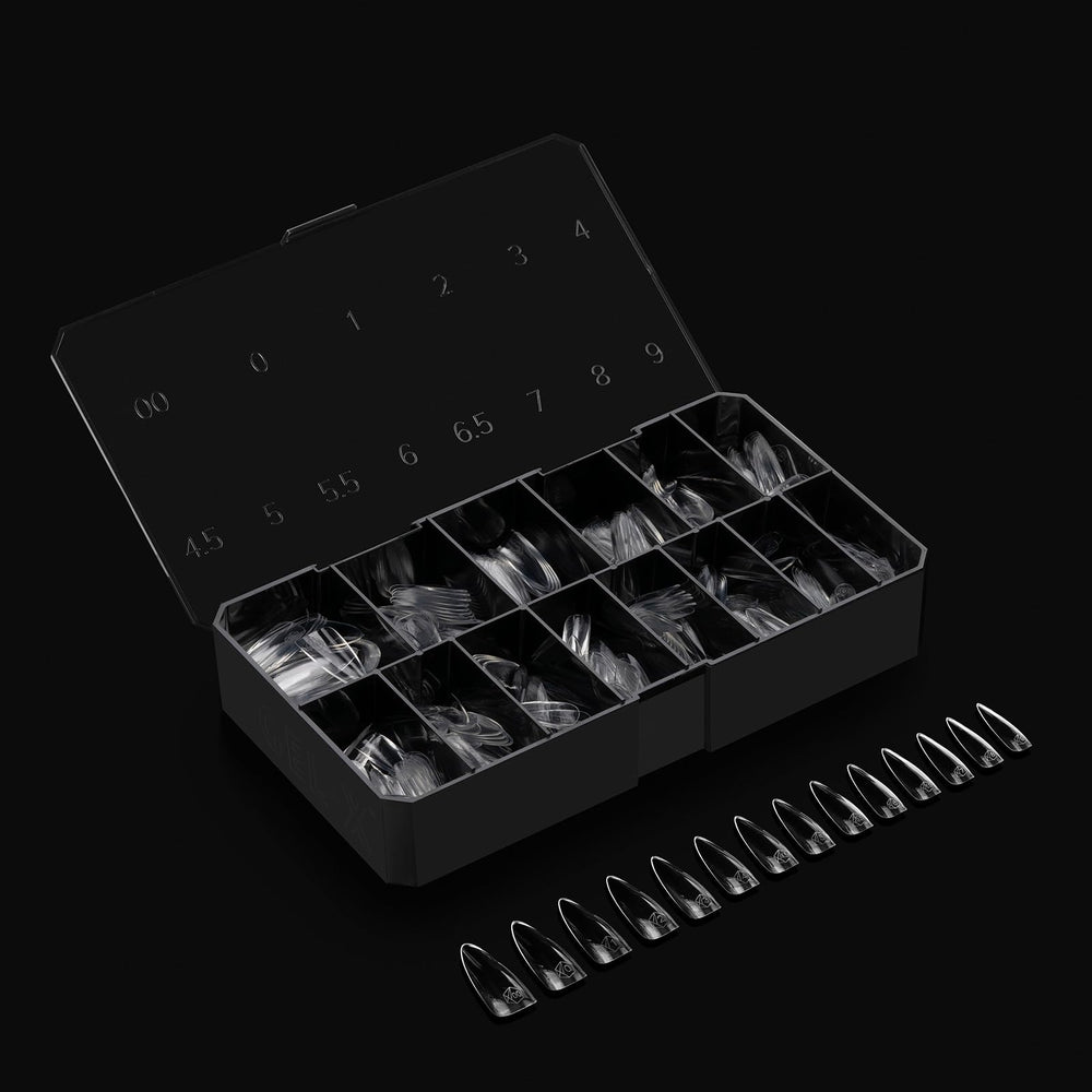 APRÉS Gel-X almond tip thin base for minimal filing and a clean finish