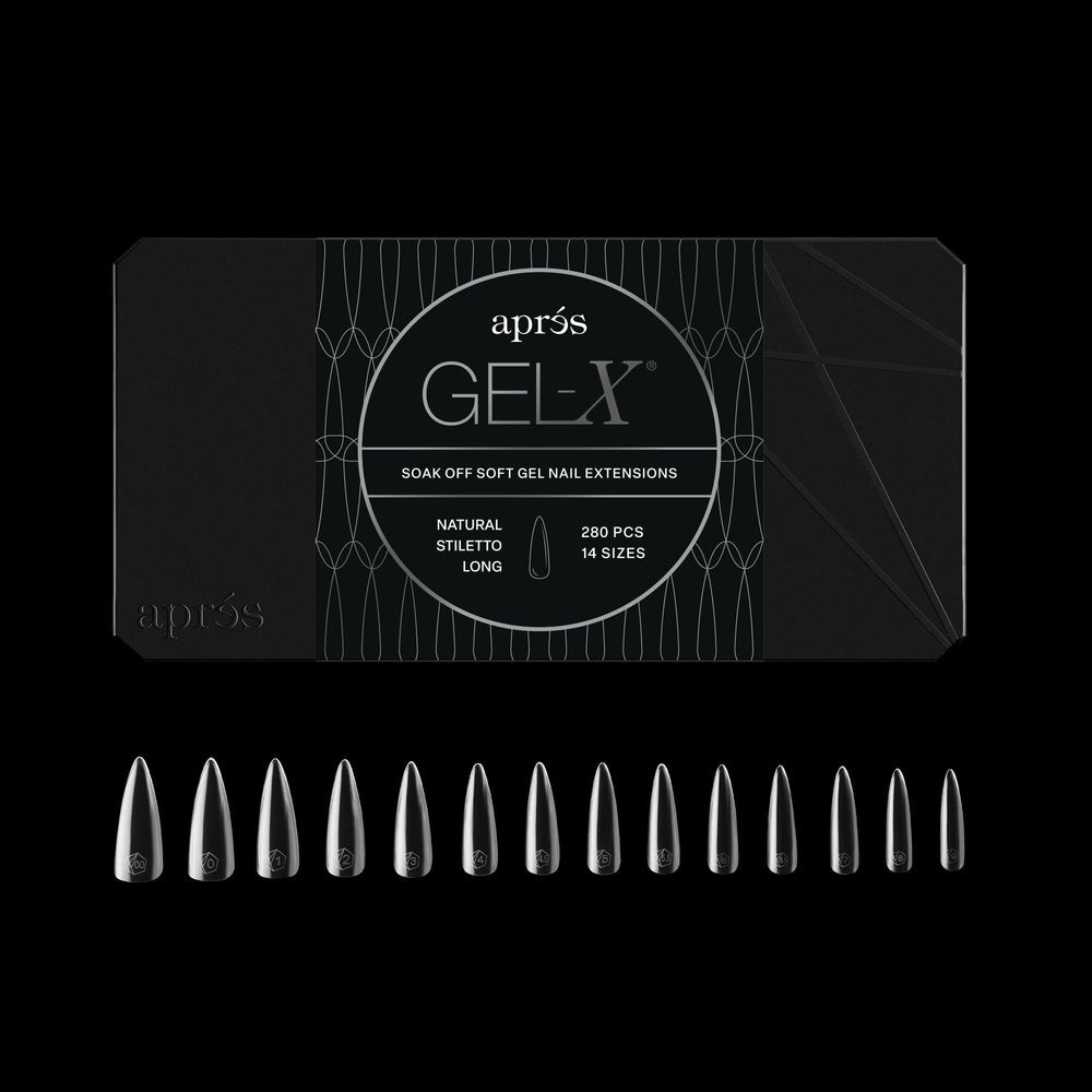 APRÉS Gel-X stiletto box tips, natural finish for versatile extensions.