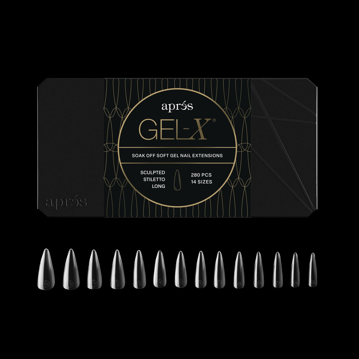 APRÉS Gel-X Stiletto Tips Box front view showing the full set of tips