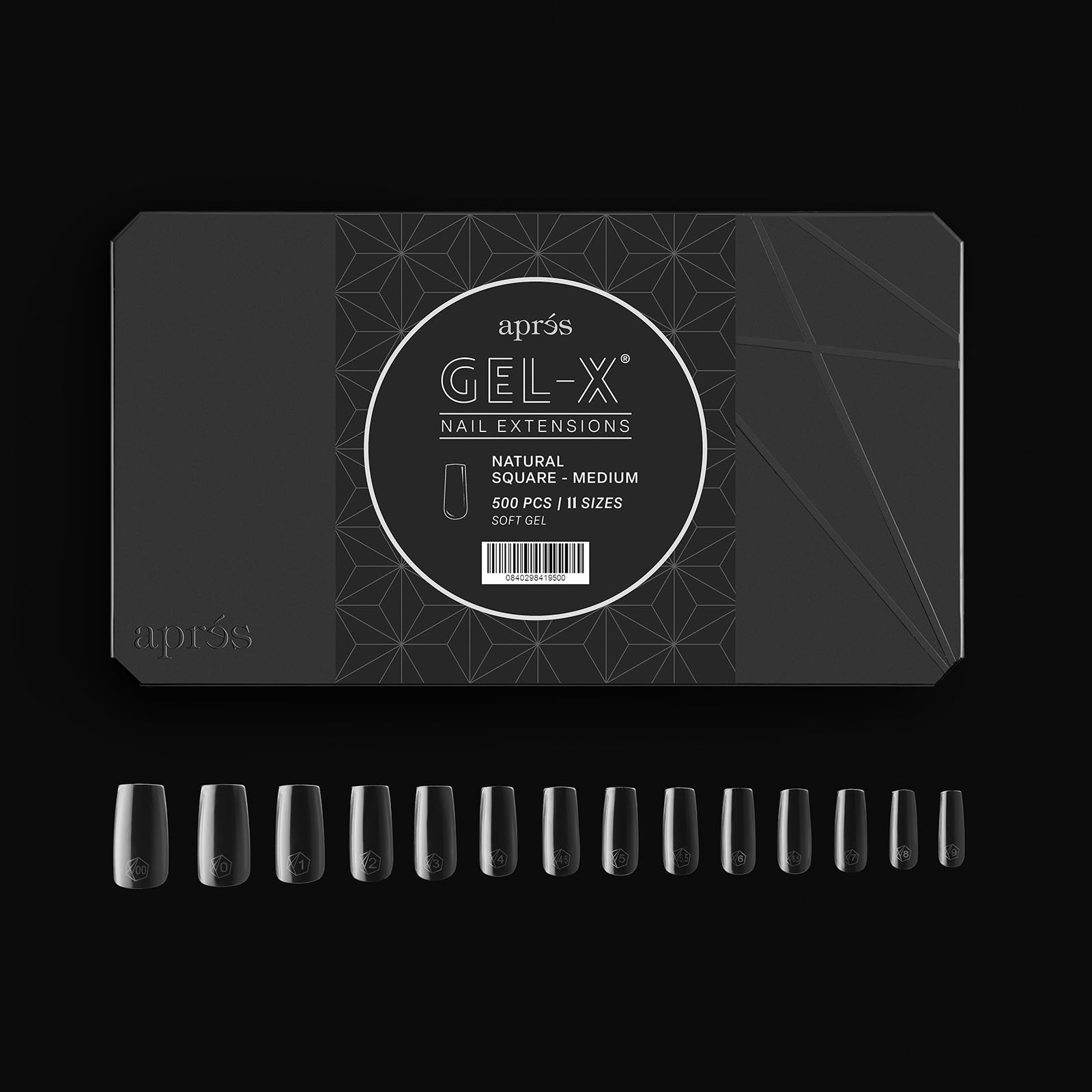 APRÉS Gel-X tips in 11 sizes (00–9) for a precise, comfortable fit.
