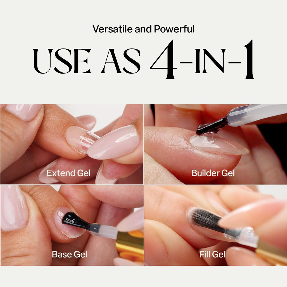 Gold bottle beside Gel-X extensions for premium results.