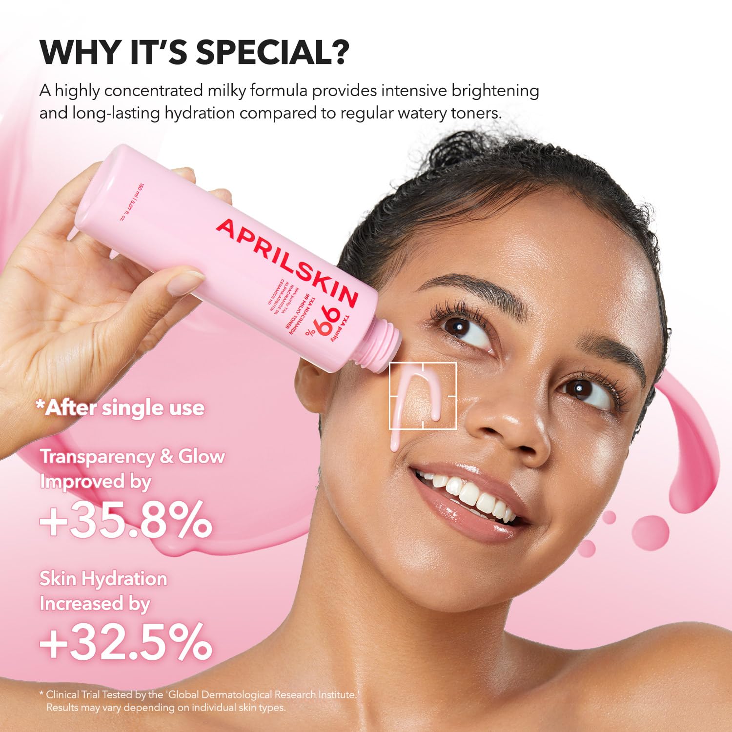 APRILSKIN TXA+Niacinamida 99: alta pureza TXA y Niacinamida 5% para absorción rápida.