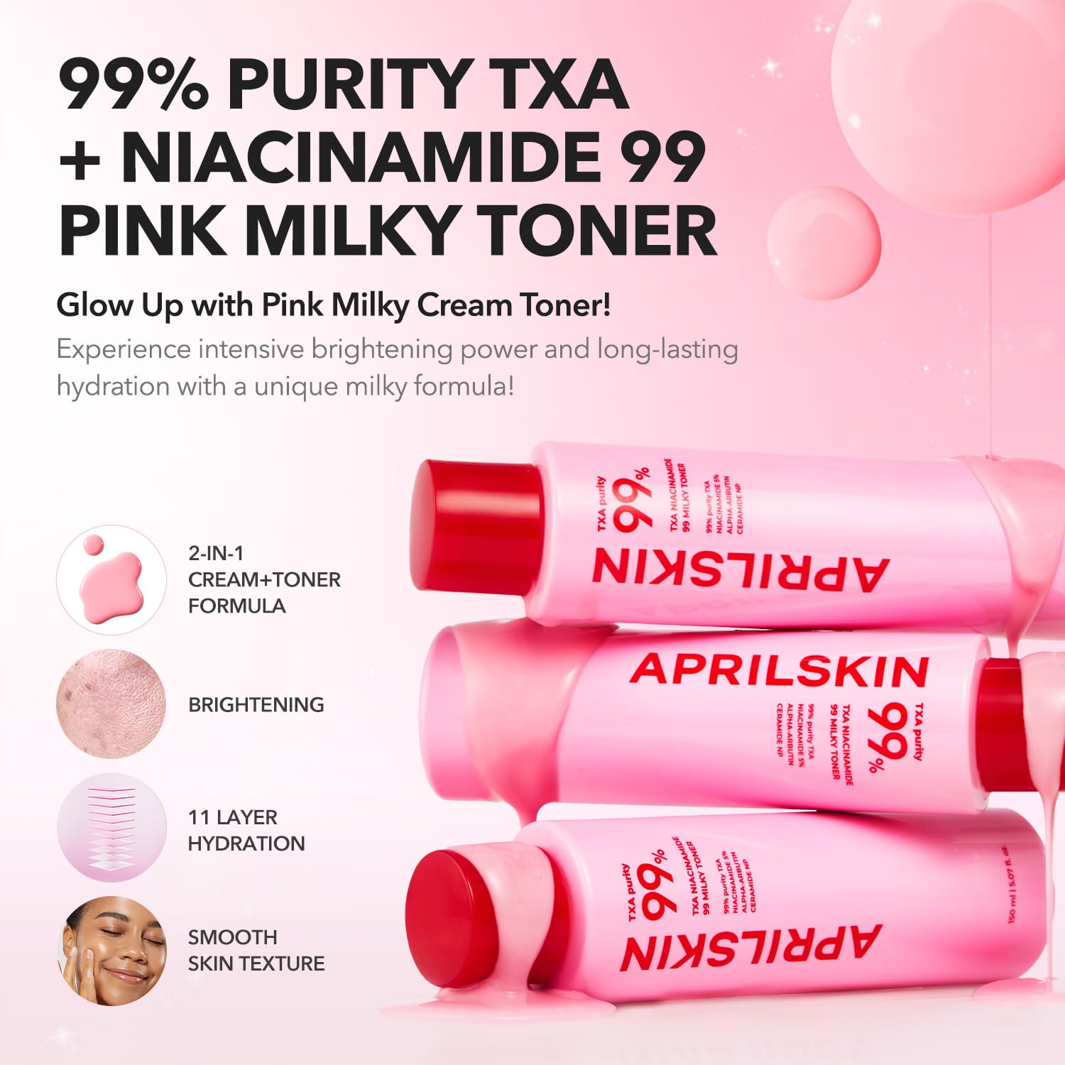 Tonico rosa lechoso de APRILSKIN, textura cremosa para hidratación duradera.