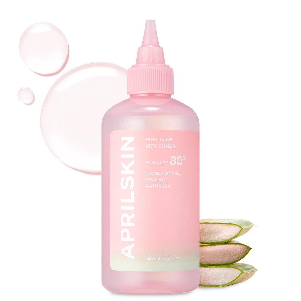 Tónico APRILSKIN Rosa Aloe Vita, botella rosada para calmar la piel sensible.