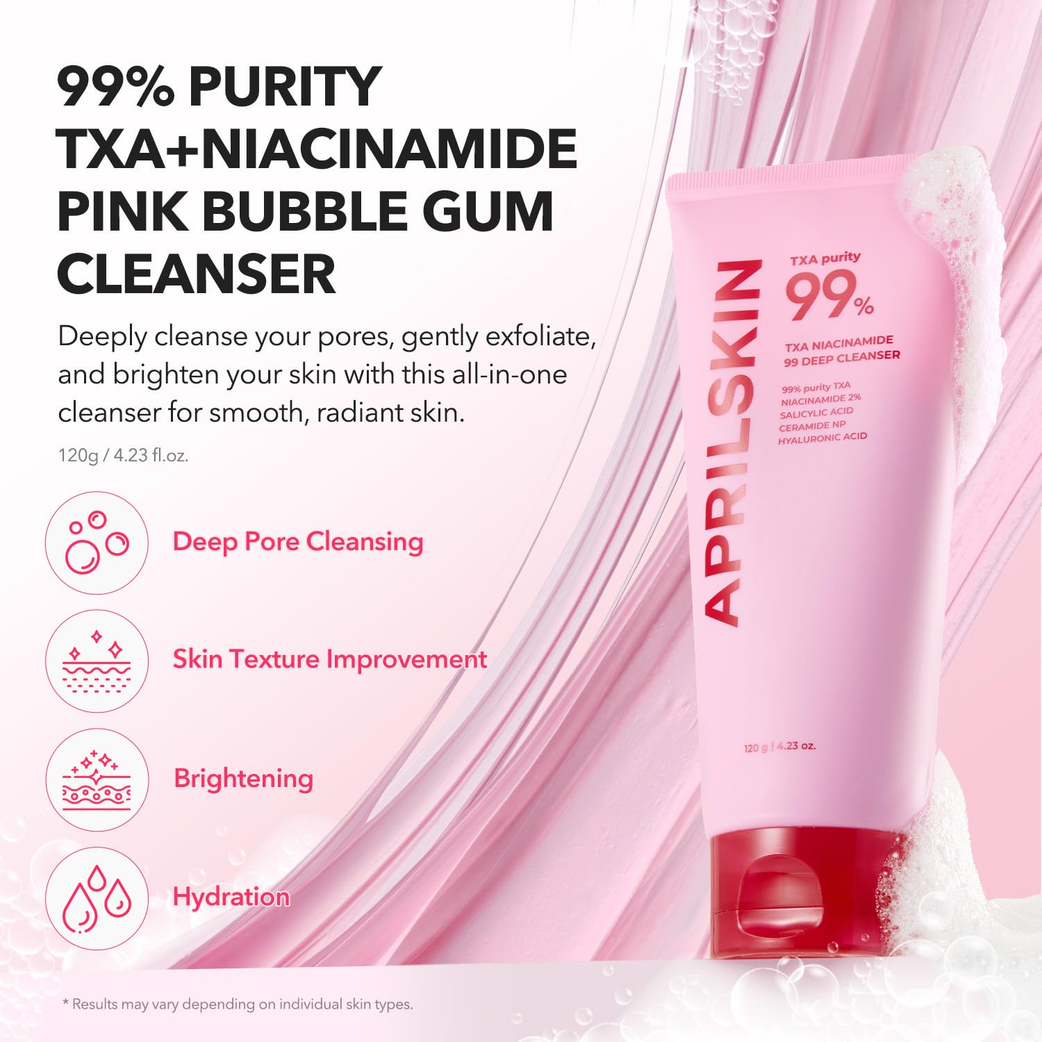 APRILSKIN TXA Niacinamida, botella con ingredientes clave para brillo y uniformidad