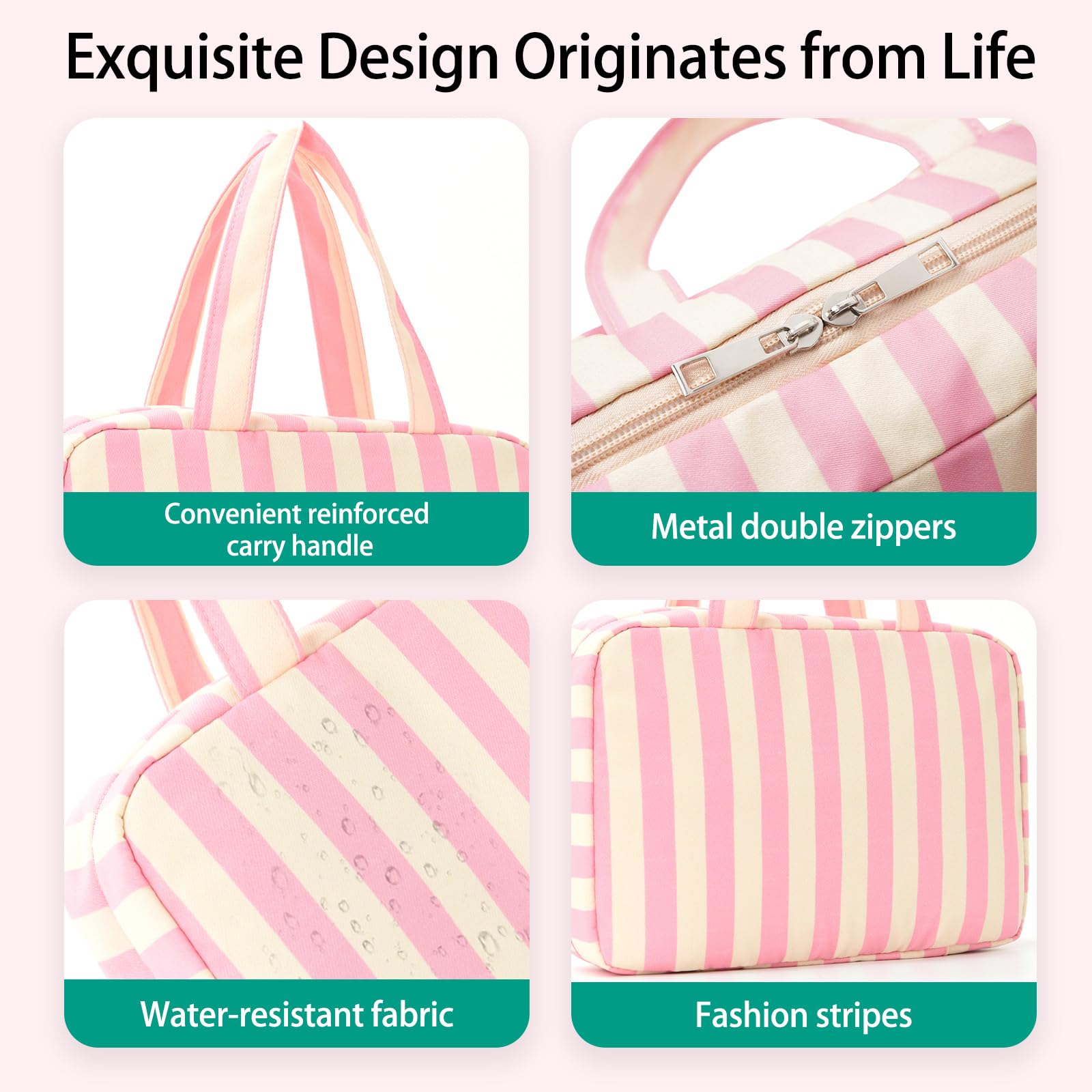 Apxouans makeup bag with striped design and hanging hook for easy access.