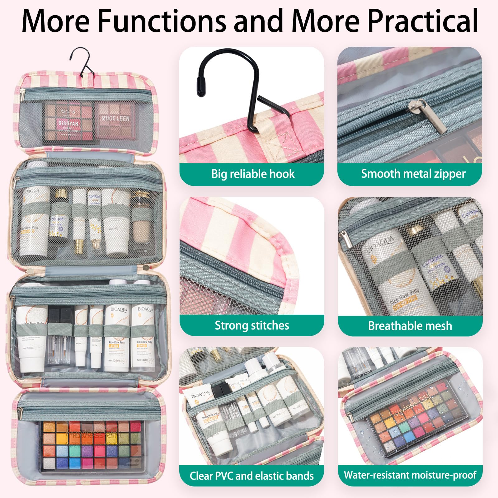 Apxouans travel organizer showing interior compartments for cosmetics and toiletries.