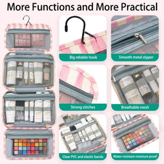 Apxouans travel organizer showing interior compartments for cosmetics and toiletries.