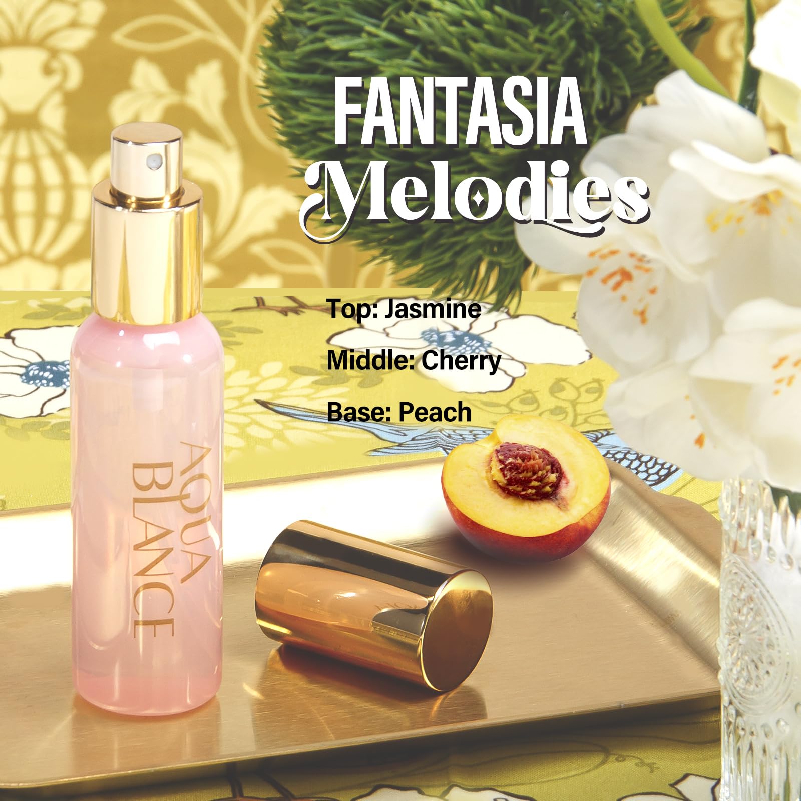AQUA BLANCE Fantasia Melodies bottle; jasmine, cherry and peach notes for graceful daytime fragrance.