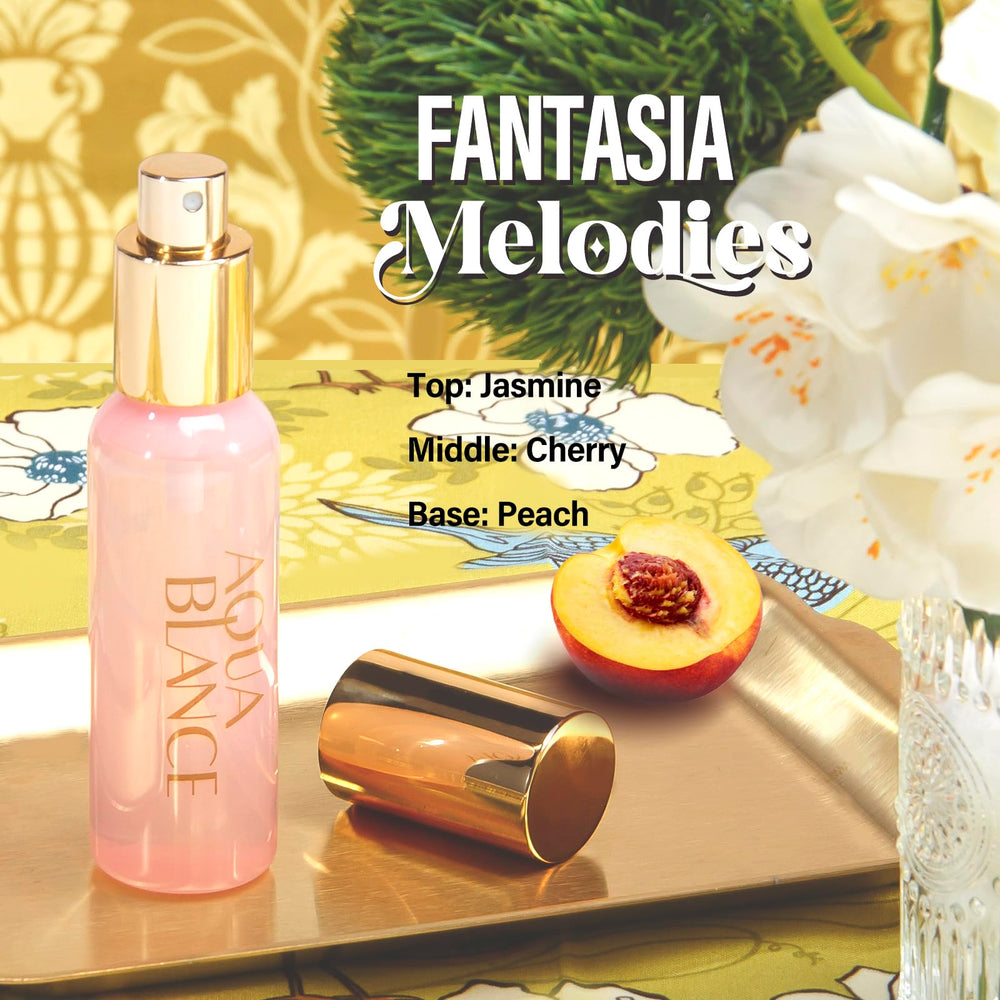 AQUA BLANCE Fantasia Melodies bottle; jasmine, cherry and peach notes for graceful daytime fragrance.