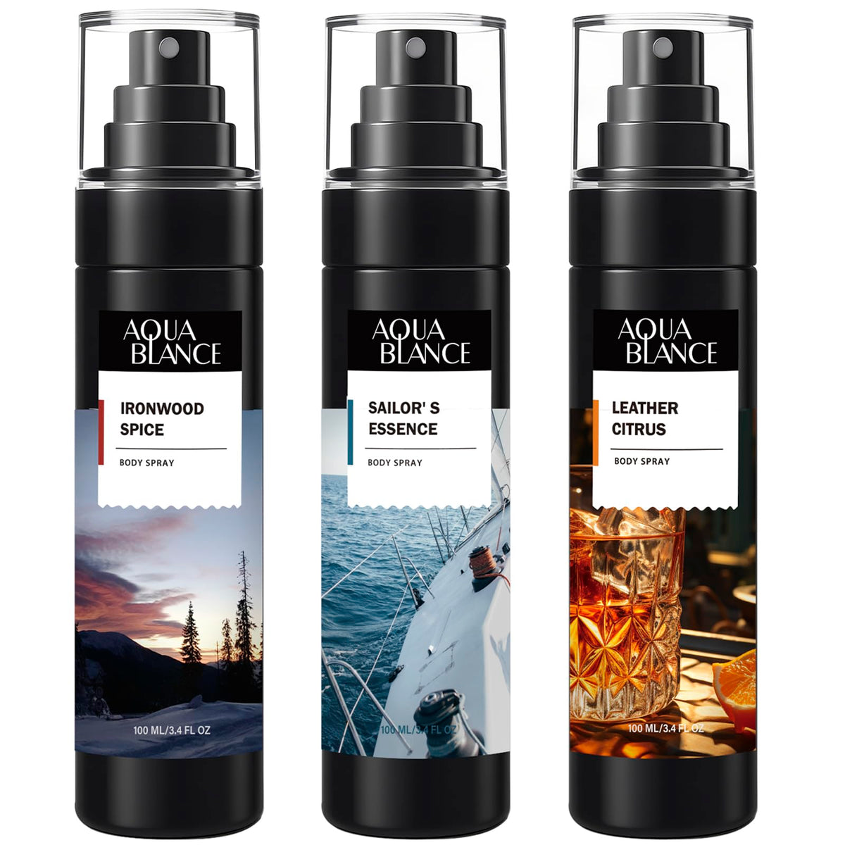 AQUA BLANCE Ironwood Spice bottle showcases bold citrus-spice-wood blend for lasting freshness.