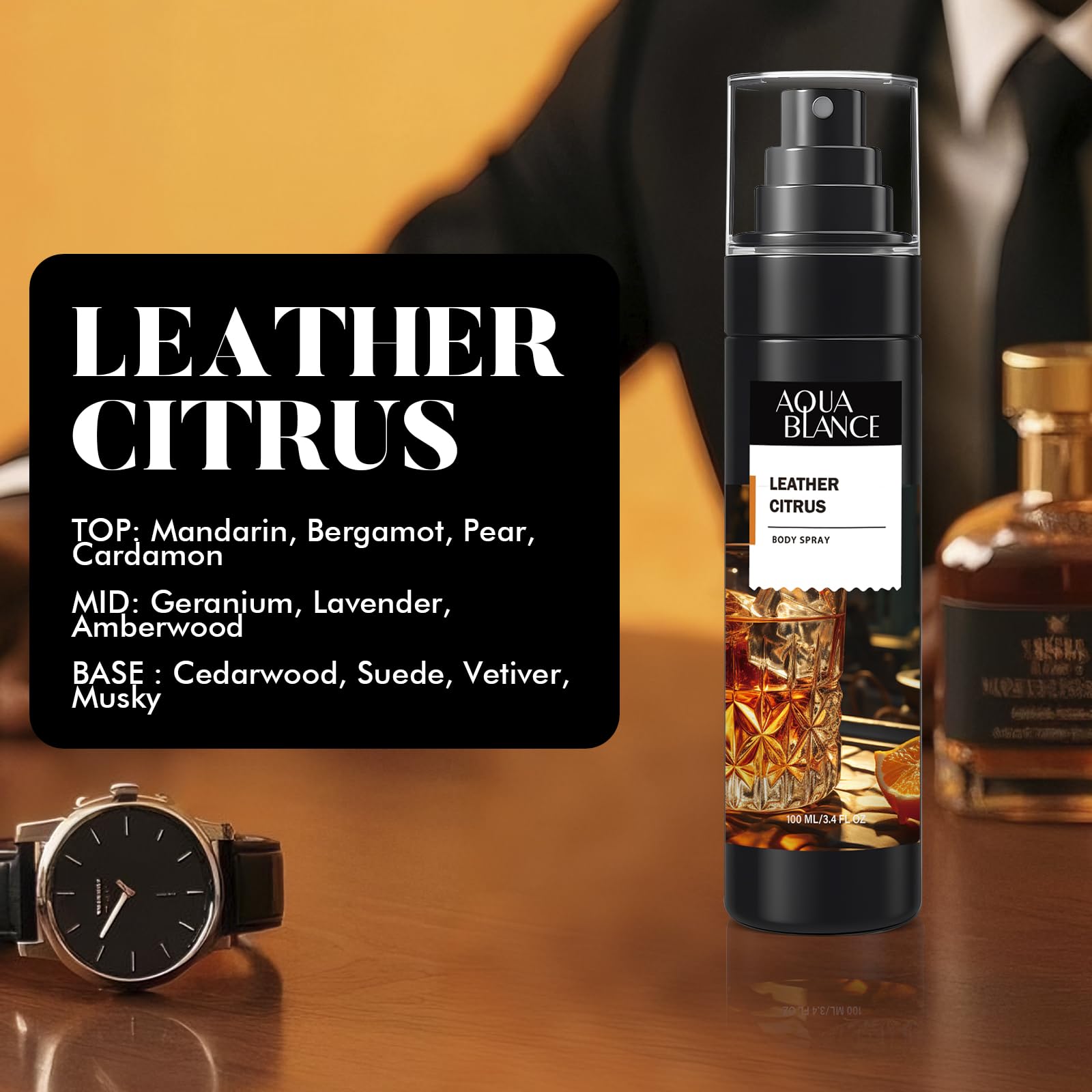 AQUA BLANCE Leather Citrus bottle pairs bright citrus with smooth woods and suede notes.