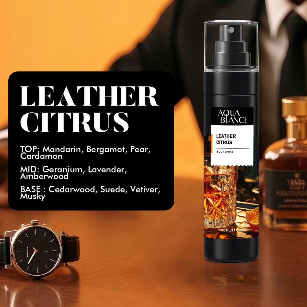 AQUA BLANCE Leather Citrus bottle pairs bright citrus with smooth woods and suede notes.