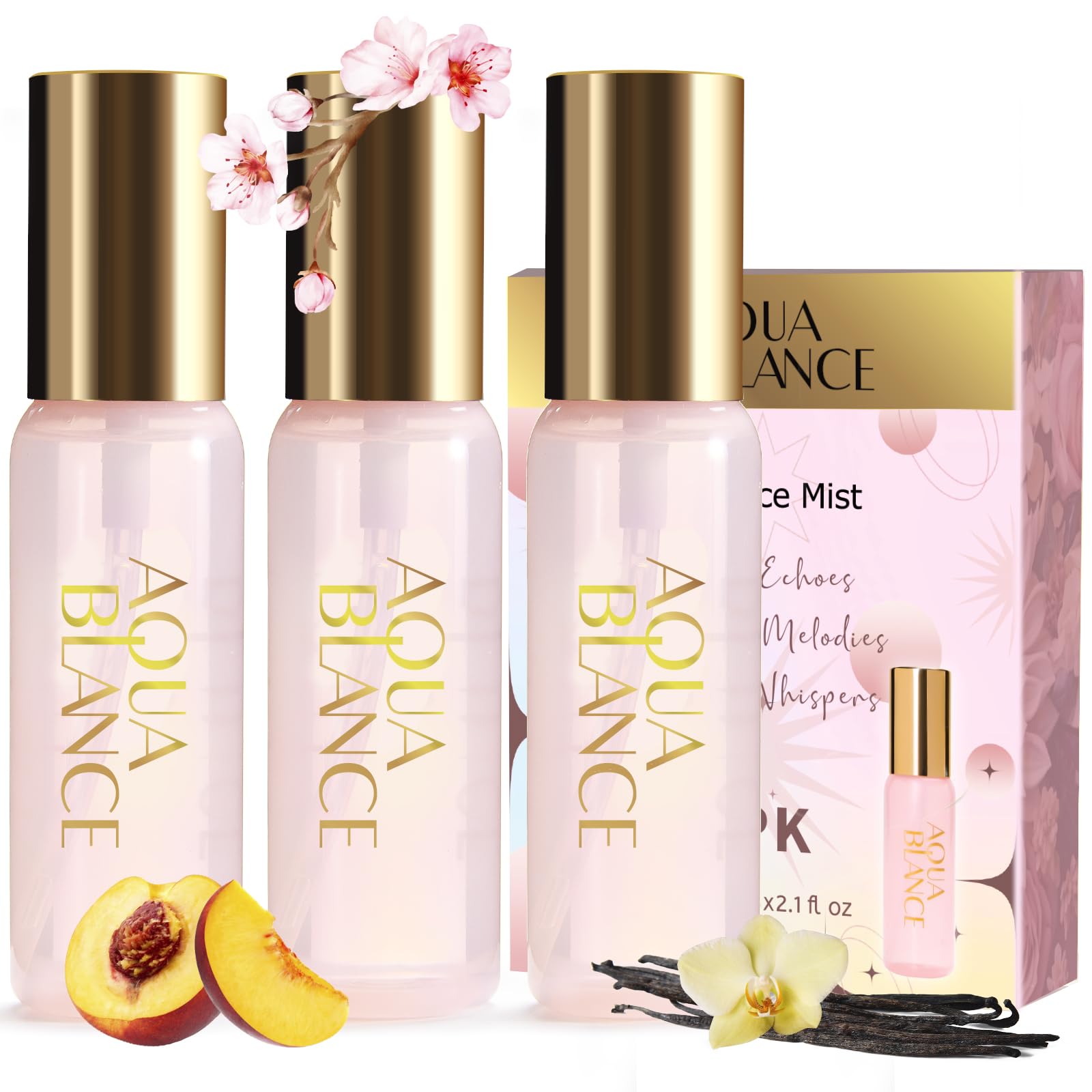 AQUA BLANCE Poetry Echoes bottle close-up; vanilla and black cherry, long-lasting scent for daily wear.