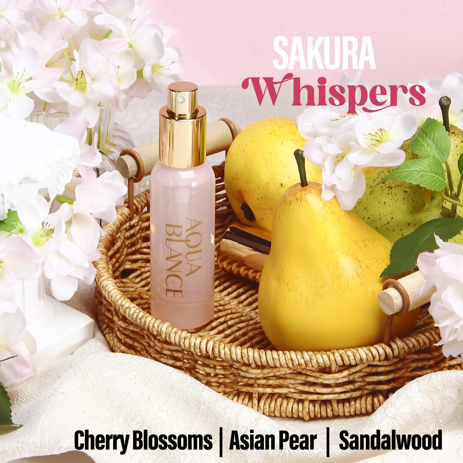 AQUA BLANCE Sakura Whispers bottle; cherry blossoms, pear and sandalwood evoke serene spring.