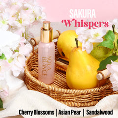 AQUA BLANCE Sakura Whispers bottle; cherry blossoms, pear and sandalwood evoke serene spring.