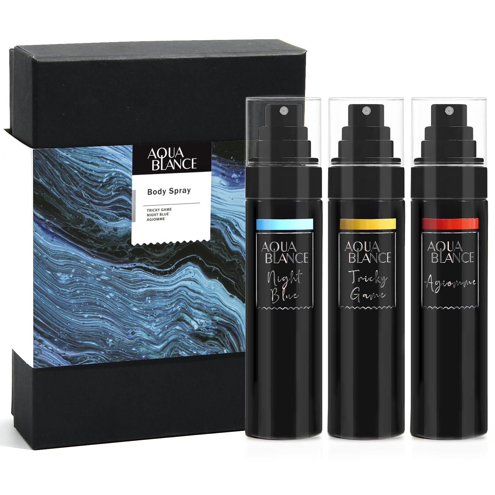 Aqua Blance Tricky Game bottle on a desk for all-day freshness.