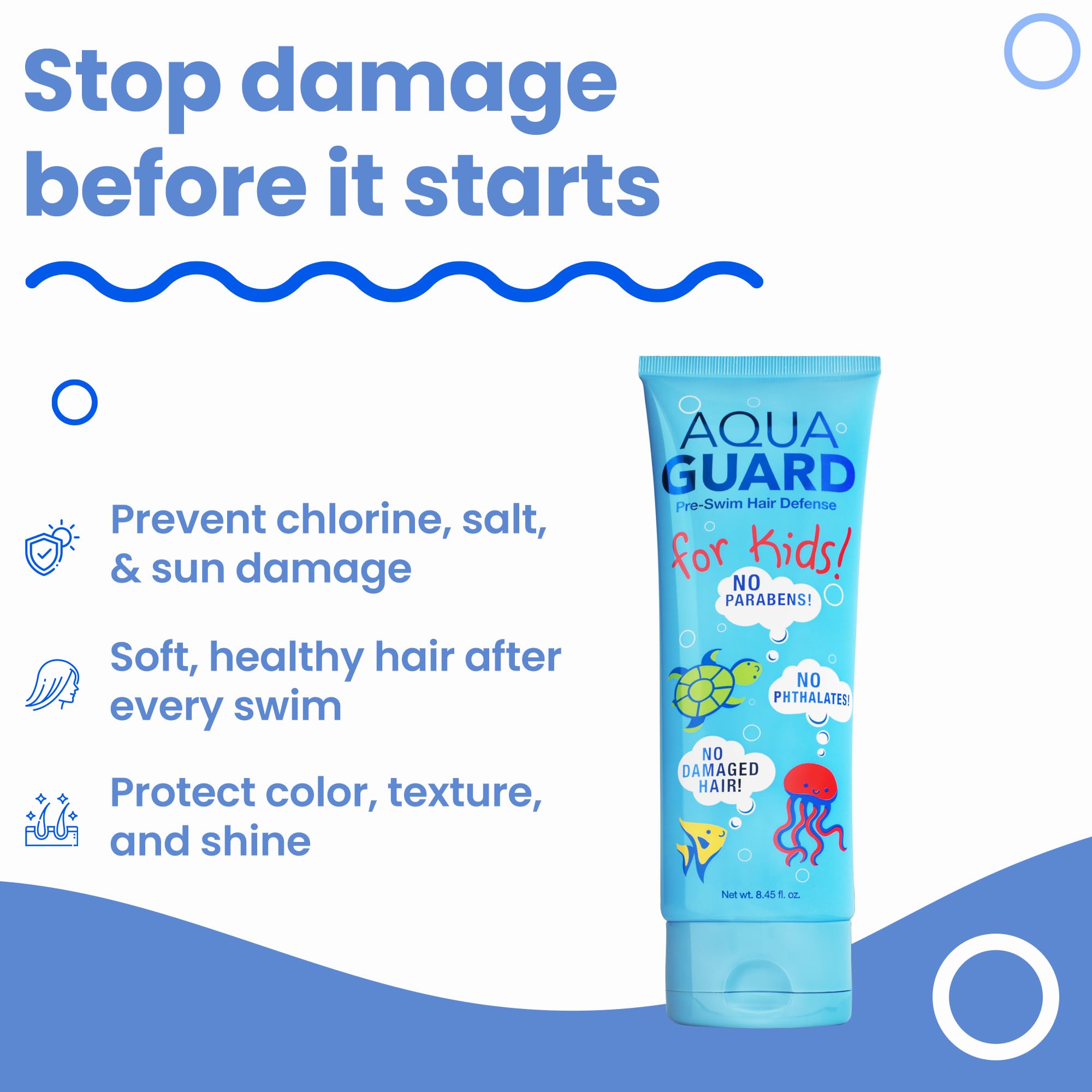 Aqua Guard aplicacion cabello niños: suaviza y protege las puntas durante la piscina.