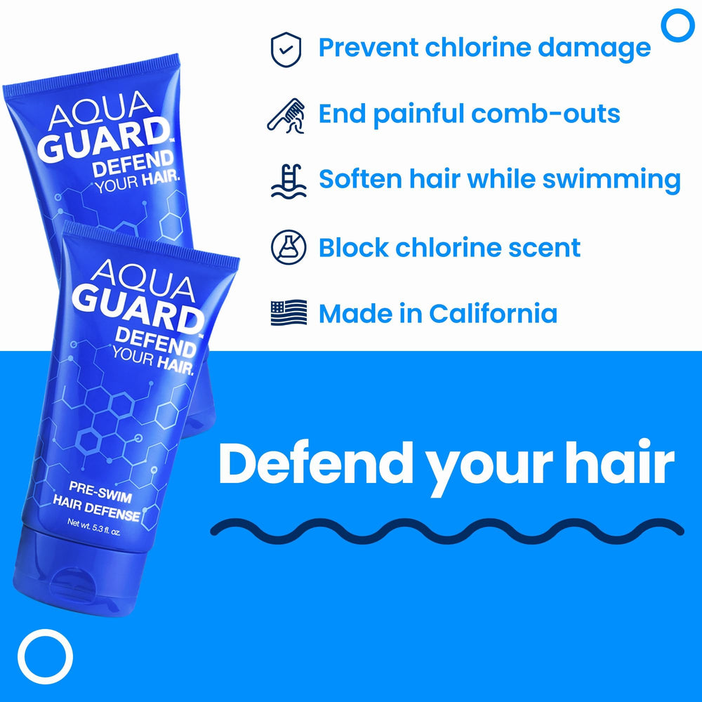 Close up of AQUA GUARD Pre-Swim Hair Defense being applied to damp hair