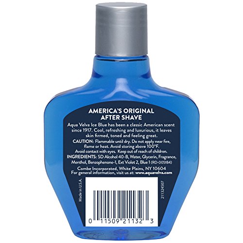 Aqua Velva after-shave Ice Blue liquid image highlights cooling, refreshing application