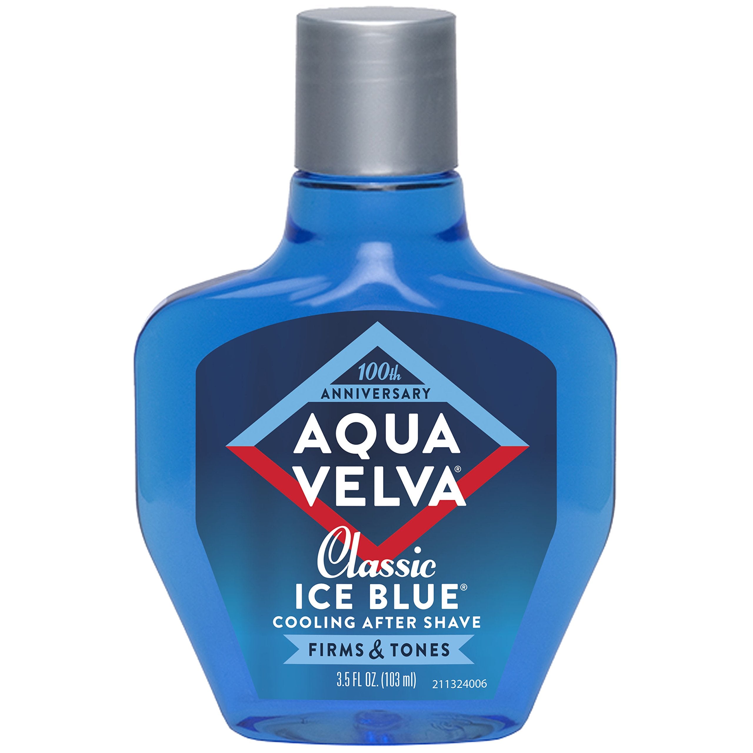 Aqua Velva Classic Ice Blue bottle shows refreshing after-shave experience