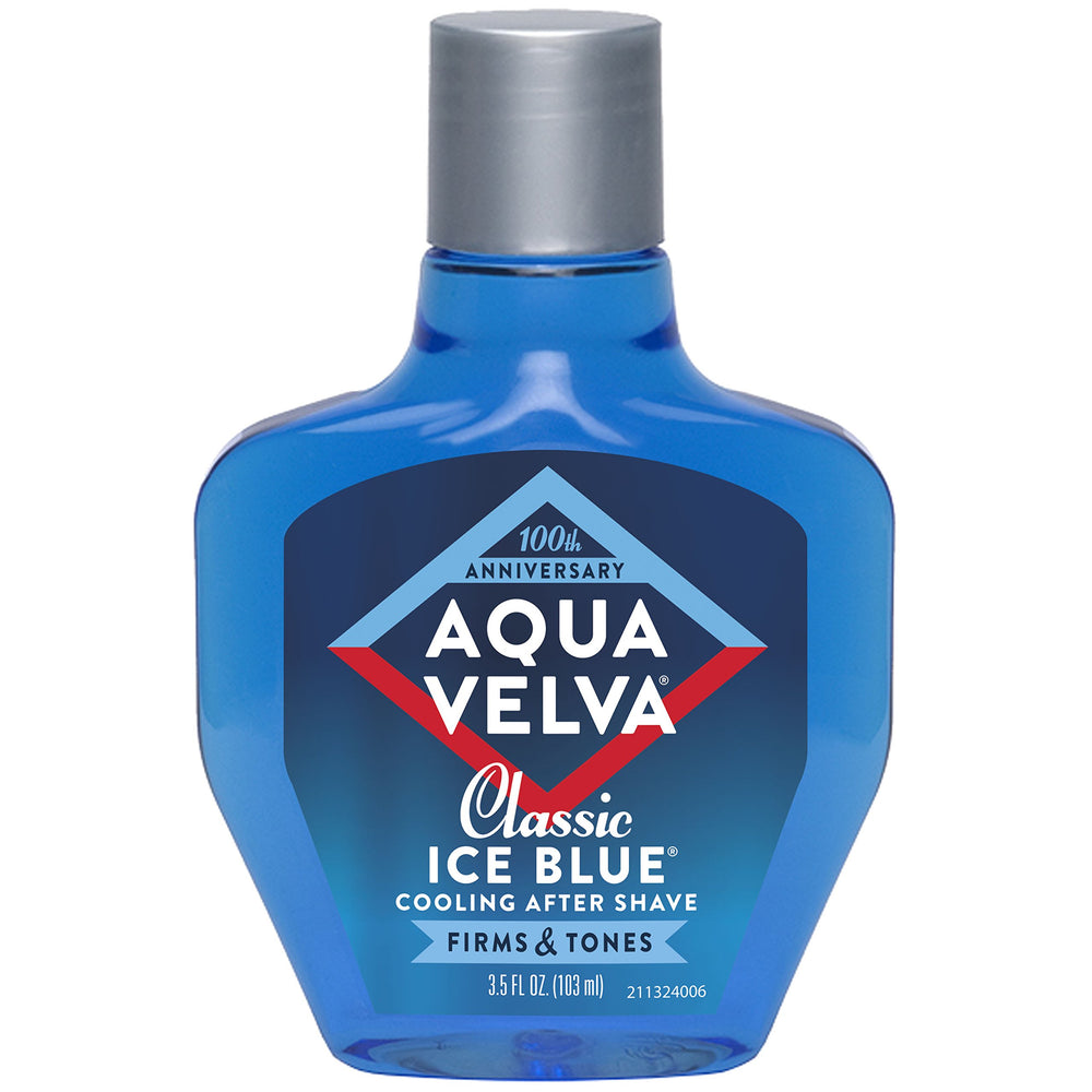 Aqua Velva Classic Ice Blue bottle shows refreshing after-shave experience